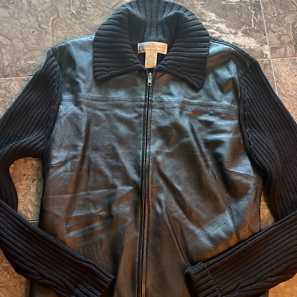 Sutton studio black leather zipper crapped sweater jack - Picture 2 of 6